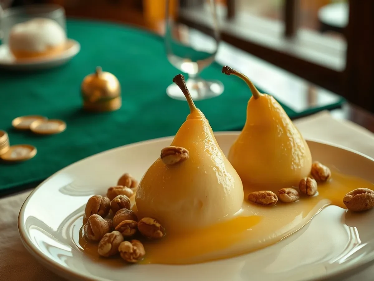 Poached pear, vanilla cream and toasted hazelnuts on ivory crockery.