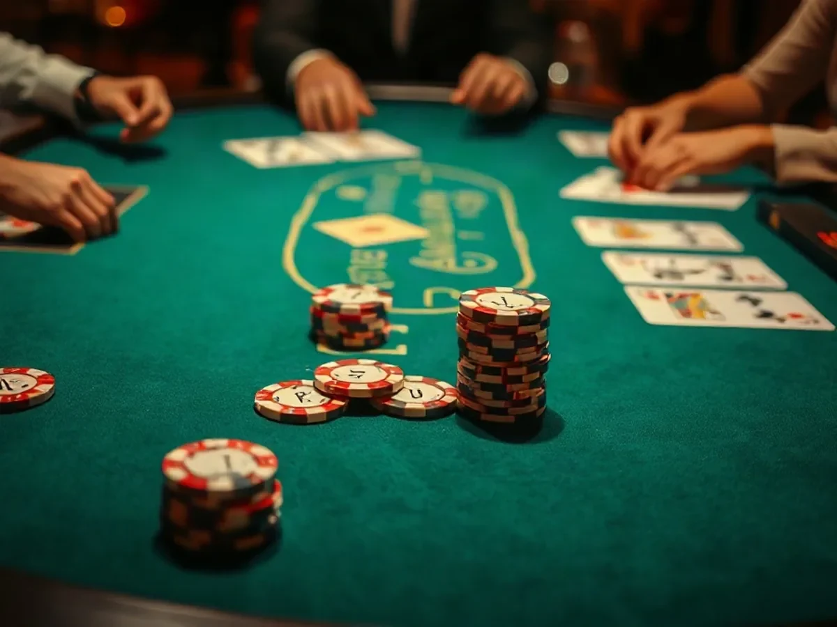 Cards and standard casino chips on deep green poker baize.