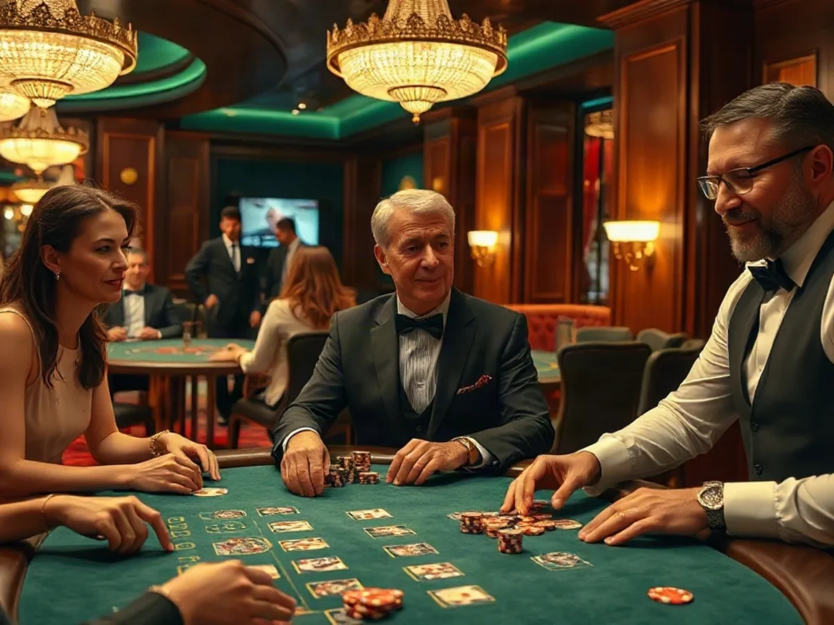Adult players and a dealer around a green baize poker table.