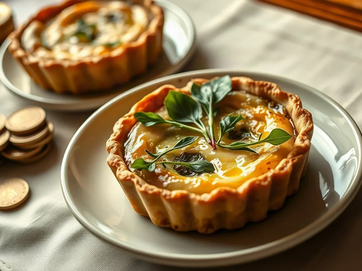 Leek and herb tart with crisp leaves on ivory crockery.